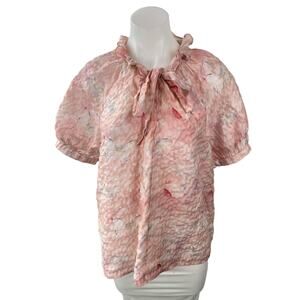 Alice Blue Women's Pink Butterfly Pink Short Puff Sleeve Tie Ruffle Blouse Top L